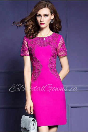 Hollow Out Sheath / Column Knee-length Short Sleeve Scoop Openwork Embroidery Mother of the Bride Dress