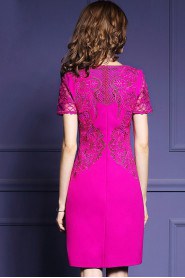 Hollow Out Sheath / Column Knee-length Short Sleeve Scoop Openwork Embroidery Mother of the Bride Dress