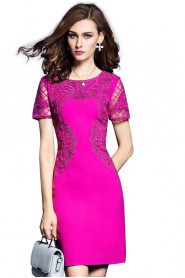 Hollow Out Sheath / Column Knee-length Short Sleeve Scoop Openwork Embroidery Mother of the Bride Dress