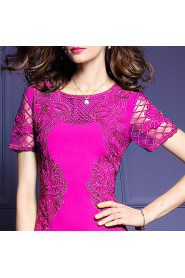 Hollow Out Sheath / Column Knee-length Short Sleeve Scoop Openwork Embroidery Mother of the Bride Dress