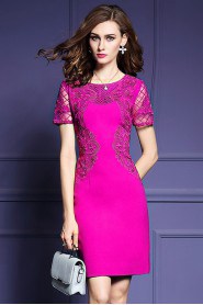 Hollow Out Sheath / Column Knee-length Short Sleeve Scoop Openwork Embroidery Mother of the Bride Dress