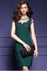 Sheath / Column Tulle Knee-length Sleeveless Scoop Embroidery Mother of the Bride Dress