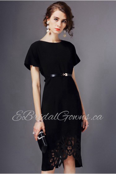 Knee-length Short Sleeve Scoop Openwork Embroidery Mother of the Bride Dress