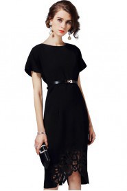 Knee-length Short Sleeve Scoop Openwork Embroidery Mother of the Bride Dress