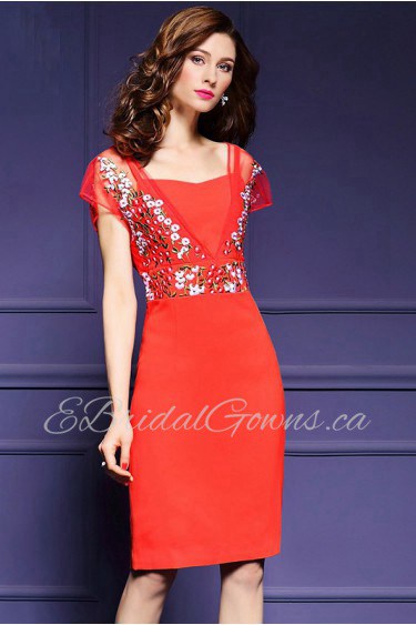 Chiffon Knee-length Short Sleeve Square Embroidery Mother of the Bride Dress