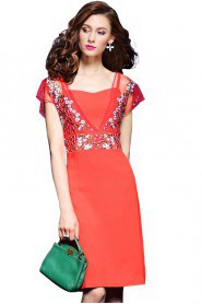 Chiffon Knee-length Short Sleeve Square Embroidery Mother of the Bride Dress