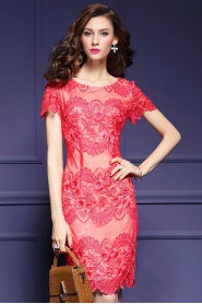 Knee-length Short Sleeve Scoop Embroidery Mother of the Bride Dress