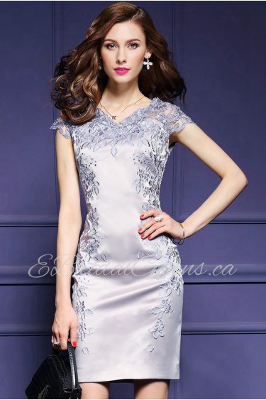 Lace Knee-length Short Sleeve V-neck Openwork Embroidery Mother of the Bride Dress