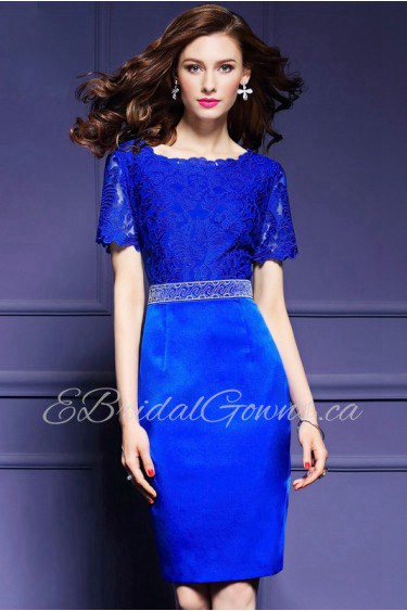 Lace Sheath / Column Knee-length Short Sleeve Scoop Embroidery Mother of the Bride Dress