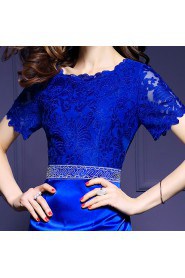 Lace Sheath / Column Knee-length Short Sleeve Scoop Embroidery Mother of the Bride Dress