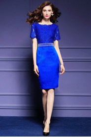 Lace Sheath / Column Knee-length Short Sleeve Scoop Embroidery Mother of the Bride Dress