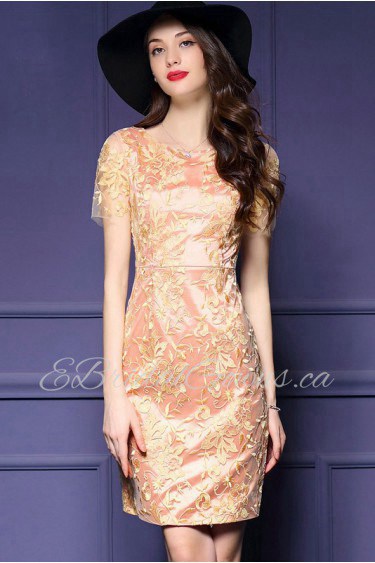 Tulle Lace Knee-length Short Sleeve Scoop Embroidery Mother of the Bride Dress