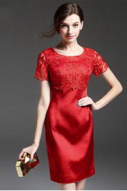 Knee-length Short Sleeve Scoop Openwork Embroidery Mother of the Bride Dress