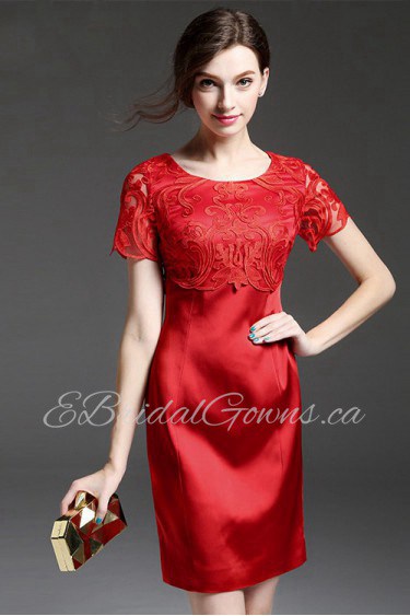 Knee-length Short Sleeve Scoop Openwork Embroidery Mother of the Bride Dress