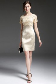 Knee-length Short Sleeve Scoop Openwork Embroidery Mother of the Bride Dress