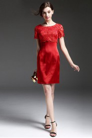 Knee-length Short Sleeve Scoop Openwork Embroidery Mother of the Bride Dress