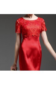 Knee-length Short Sleeve Scoop Openwork Embroidery Mother of the Bride Dress