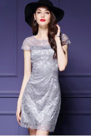 Knee-length Short Sleeve Scoop Sequins,Lace Mother of the Bride Dress