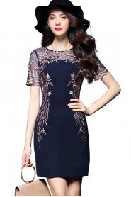 Tulle Short / Mini Short Sleeve Scoop Embroidery Mother of the Bride Dress