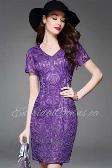 Knee-length Short Sleeve V-neck Lace Mother of the Bride Dress