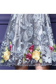 Lace Tulle A-line Knee-length Half Sleeve Scoop Embroidery Mother of the Bride Dress