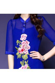 Chiffon Knee-length Half Sleeve High Neck Embroidery Chiffon Mother of the Bride Dress