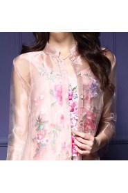 Organza Knee-length 3/4 Length Sleeve High Neck Placket:Button Embroidery Organza Mother of the Bride Dress