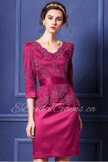 Lace Sheath / Column Knee-length Short Sleeve V-neck Lace Mother of the Bride Dress