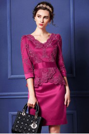 Lace Sheath / Column Knee-length Short Sleeve V-neck Lace Mother of the Bride Dress