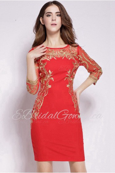 Tulle Sheath / Column Knee-length 3/4 Length Sleeve Scoop Embroidery Mother of the Bride Dress