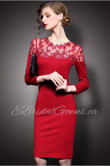 Lace Sheath / Column Knee-length Long Sleeve Scoop Lace Mother of the Bride Dress