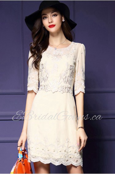 Chiffon A-line Knee-length Half Sleeve Scoop Embroidery Chiffon Mother of the Bride Dress