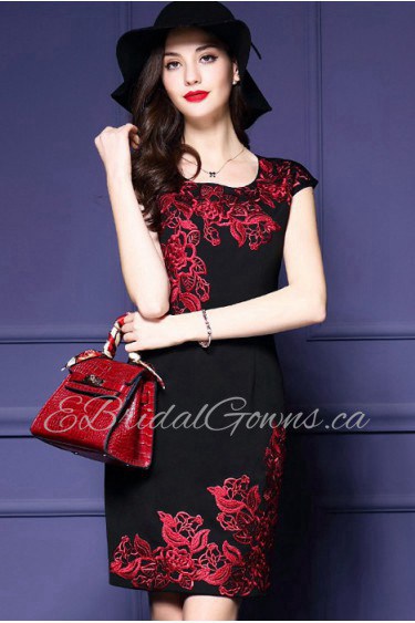 Knee-length Short Sleeve Scoop Embroidery Mother of the Bride Dress