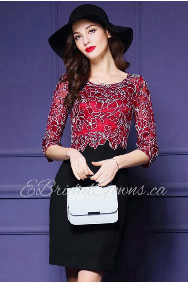 Knee-length 3/4 Length Sleeve Scoop Embroidery Mother of the Bride Dress