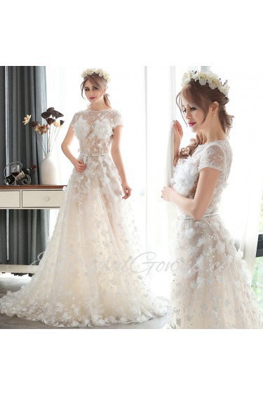 A-line Bateau Lace Wedding Dress with Pearl