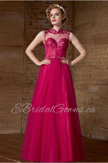 V-neck Floor-length Sleeveless Tulle Formal Prom / Evening Dress