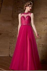 V-neck Floor-length Sleeveless Tulle Formal Prom / Evening Dress