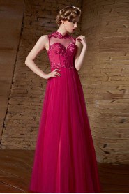 V-neck Floor-length Sleeveless Tulle Formal Prom / Evening Dress