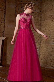 V-neck Floor-length Sleeveless Tulle Formal Prom / Evening Dress