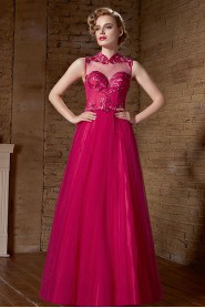 V-neck Floor-length Sleeveless Tulle Formal Prom / Evening Dress