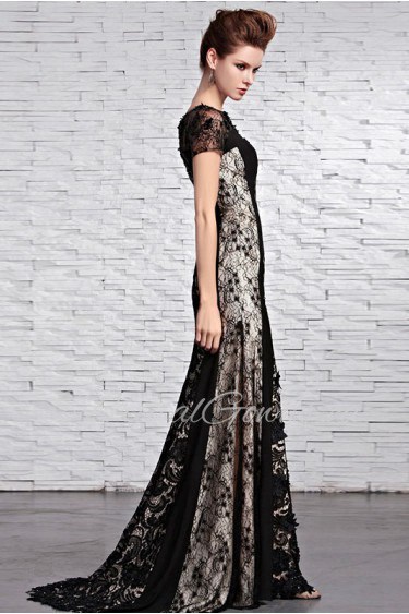 Scoop Sweep / Brush Train Short Sleeve Lace,Chiffon Prom / Evening Dress