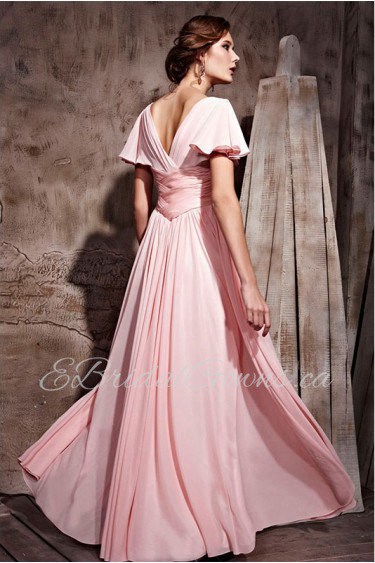 V-neck Floor-length Short Sleeve Chiffon Formal Prom / Evening Dress