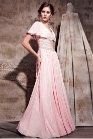 V-neck Floor-length Short Sleeve Chiffon Formal Prom / Evening Dress