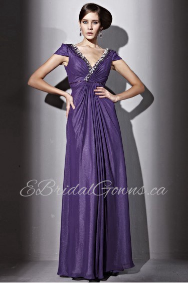 V-neck Floor-length Short Sleeve Chiffon Formal Prom / Evening Dress