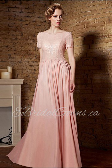 Bateau Floor-length Short Sleeve Satin Formal Prom / Evening Dress