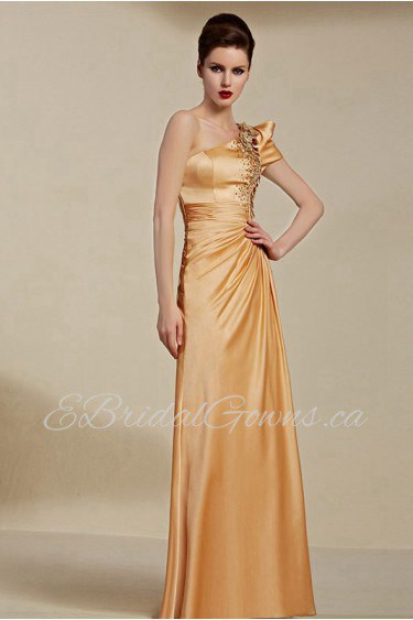 One Shoulder Floor-length Sleeveless Satin Formal Prom / Evening Dress