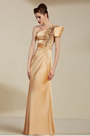 One Shoulder Floor-length Sleeveless Satin Formal Prom / Evening Dress