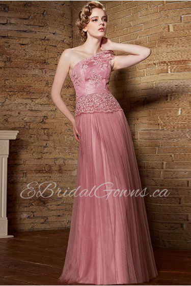 One Shoulder Floor-length Short Sleeve Tulle Formal Prom / Evening Dress