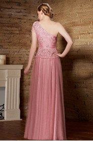 One Shoulder Floor-length Short Sleeve Tulle Formal Prom / Evening Dress