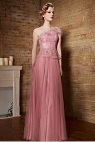 One Shoulder Floor-length Short Sleeve Tulle Formal Prom / Evening Dress